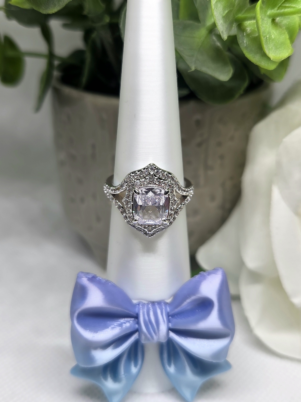 BP Halo Cushion-Cut CZ Ring On Rhodium Plating